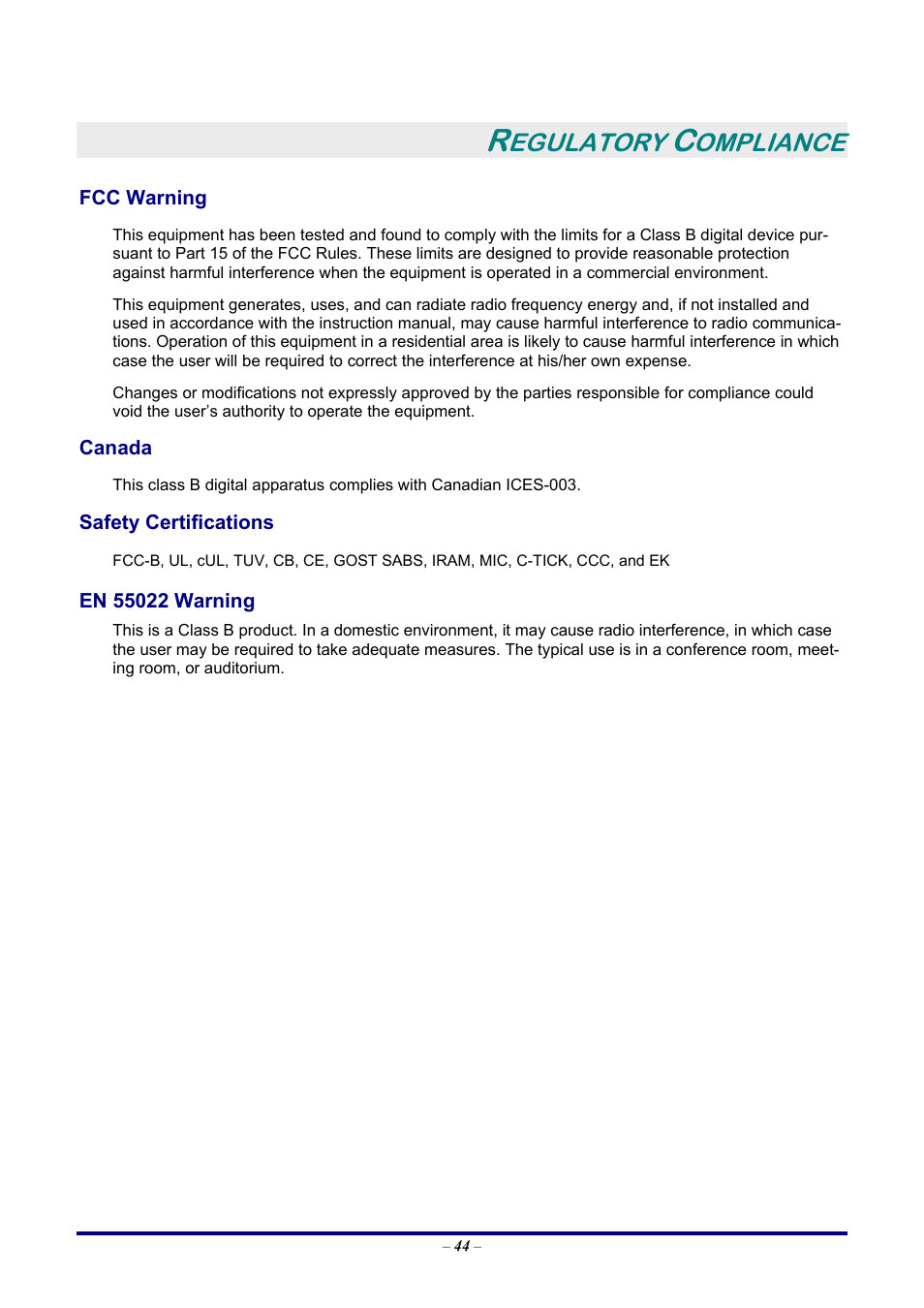 Regulatory compliance, Fcc warning, Canada | Safety certifications, En 55022 warning, Arning, Anada, Afety, Ertifications, Egulatory | LG DX325 User Manual | Page 50 / 50