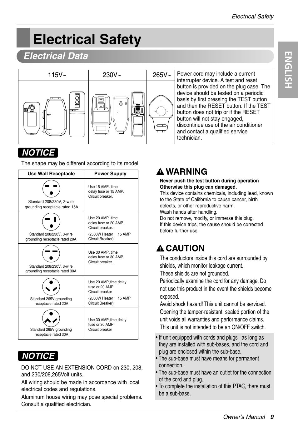Electrical safety, English, Electrical data | Notice | LG LP155CED1 User Manual | Page 9 / 27