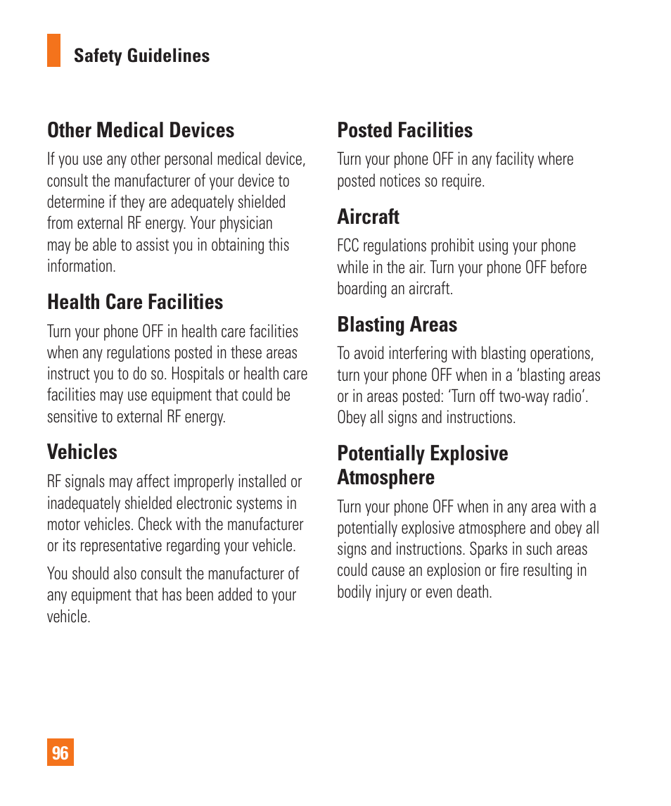 Other medical devices, Health care facilities, Vehicles | Posted facilities, Aircraft, Blasting areas, Potentially explosive atmosphere | LG C900 User Manual | Page 100 / 116