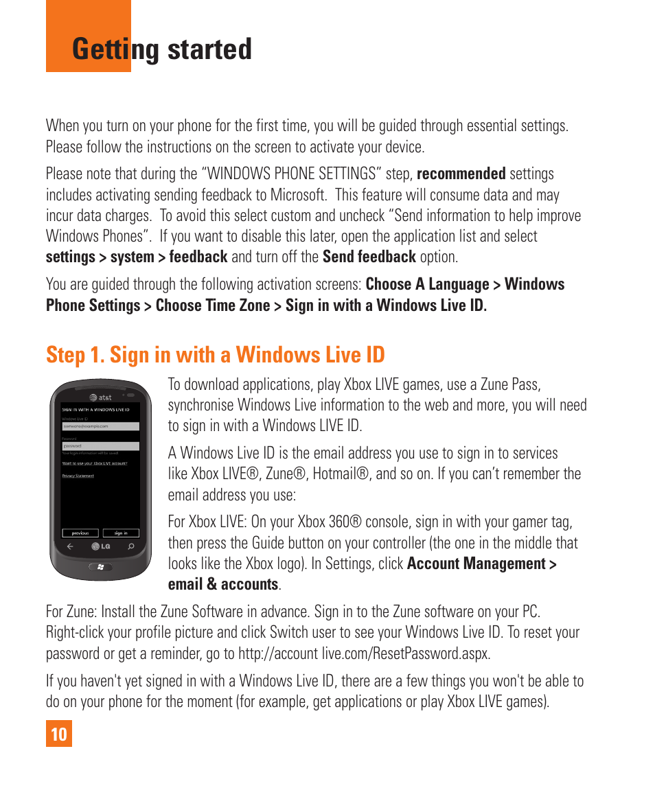 Getting started, Step 1. sign in with a windows live id | LG C900 User Manual | Page 14 / 116