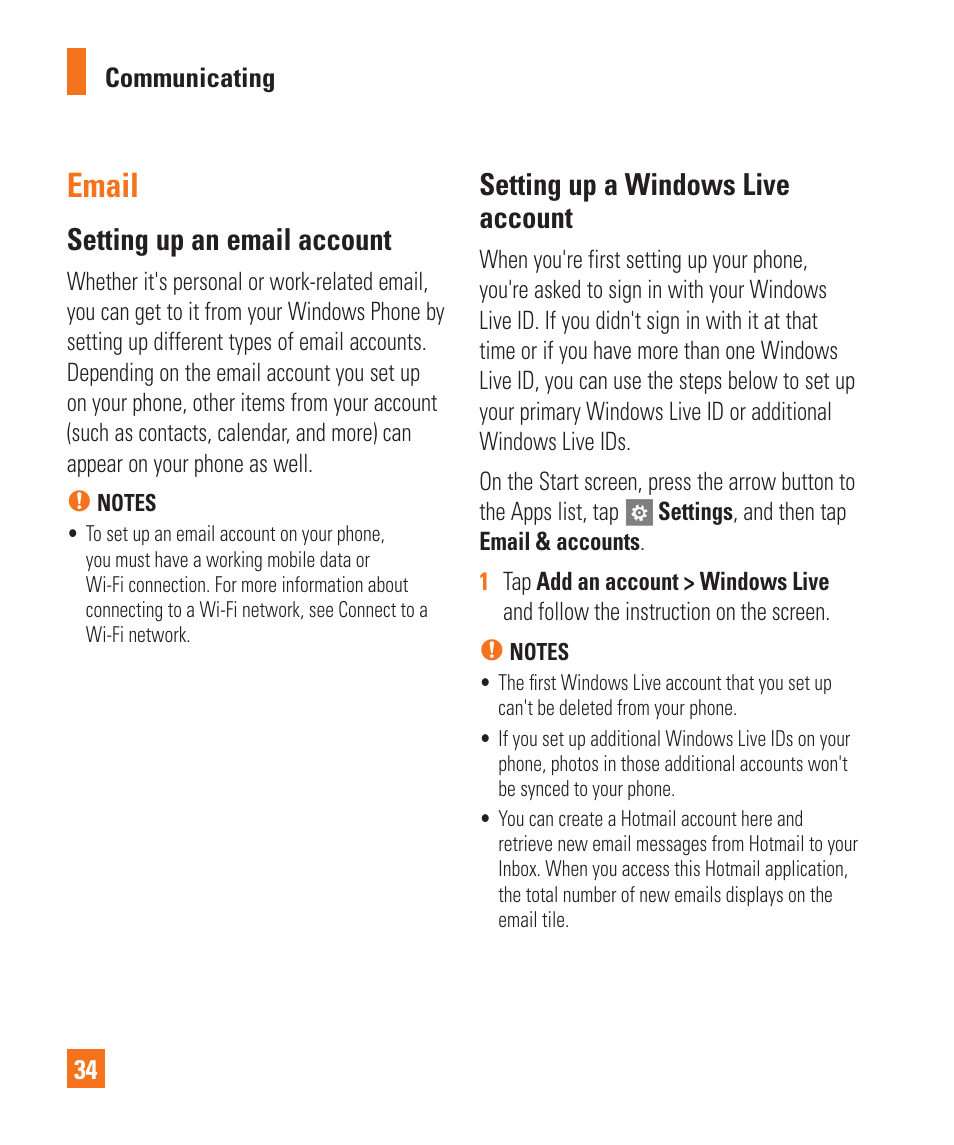 Email, Setting up an email account, Setting up a windows live account | LG C900 User Manual | Page 38 / 116