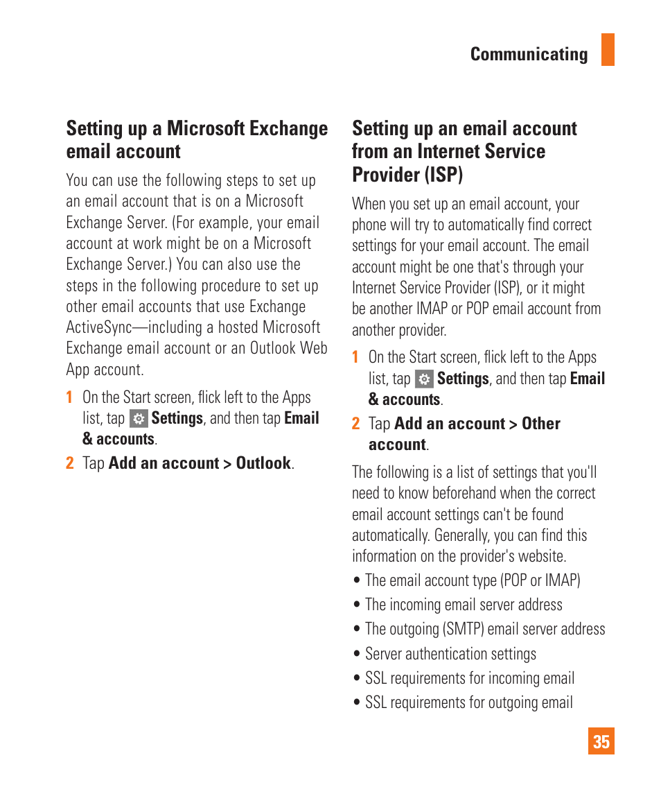 Setting up a microsoft exchange email account | LG C900 User Manual | Page 39 / 116