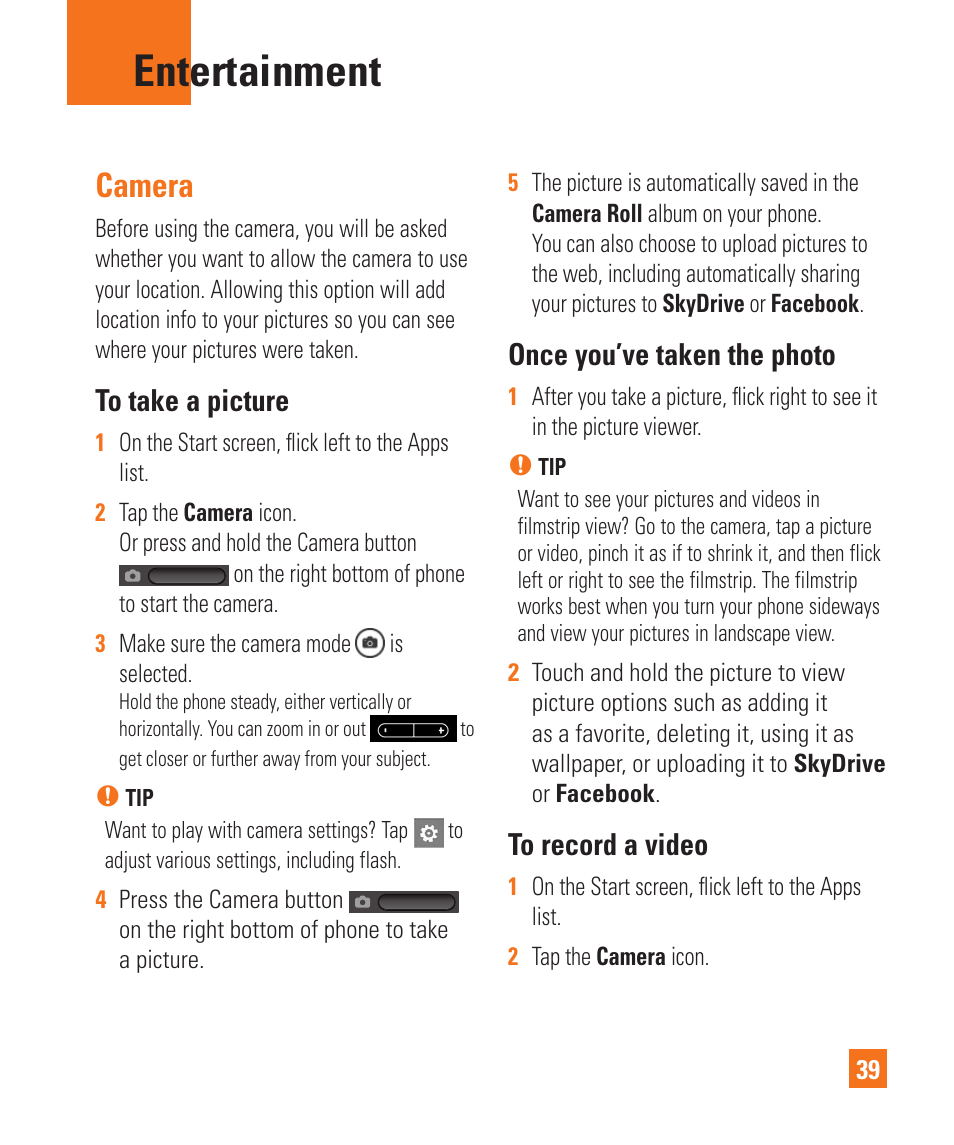 Entertainment, Camera, Once you’ve taken the photo | LG C900 User Manual | Page 43 / 116