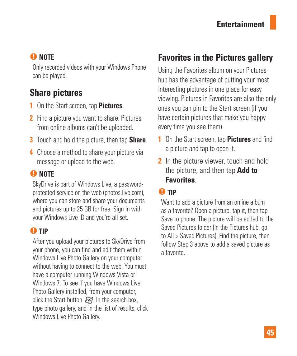 Share pictures, Favorites in the pictures gallery | LG C900 User Manual | Page 49 / 116