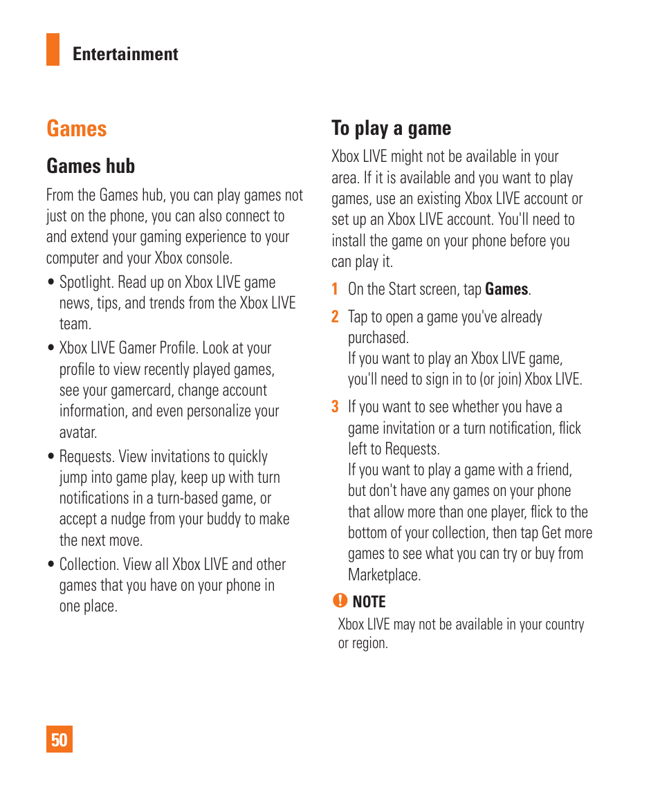 Games, Games hub | LG C900 User Manual | Page 54 / 116