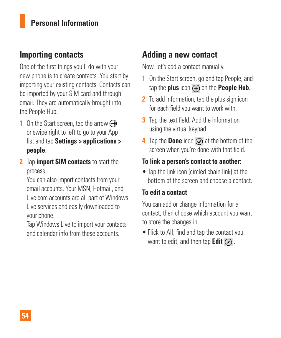 Importing contacts, Adding a new contact | LG C900 User Manual | Page 58 / 116