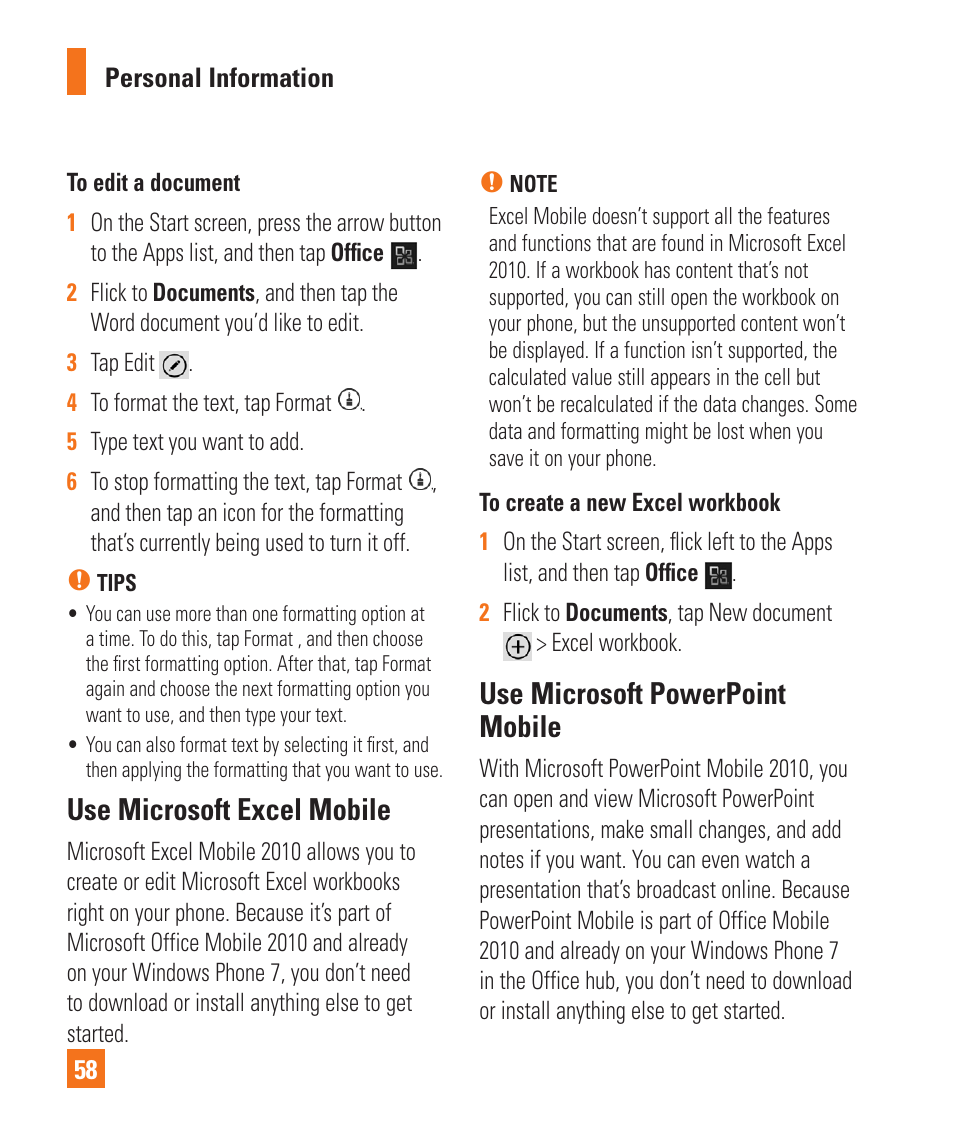 Use microsoft excel mobile, Use microsoft powerpoint mobile, Personal information 58 | Tips | LG C900 User Manual | Page 62 / 116