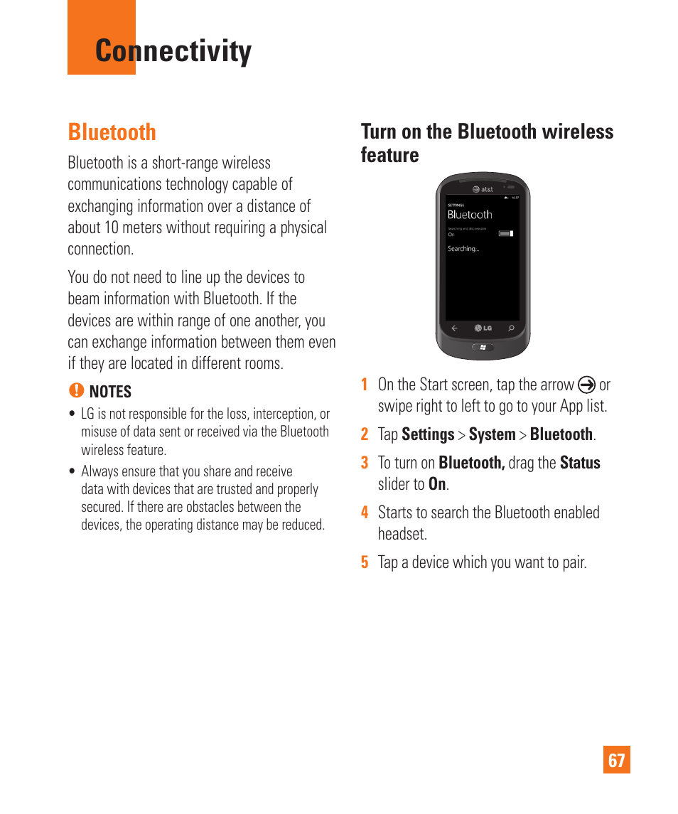 Connectivity, Bluetooth, Turn on the bluetooth wireless feature | LG C900 User Manual | Page 71 / 116
