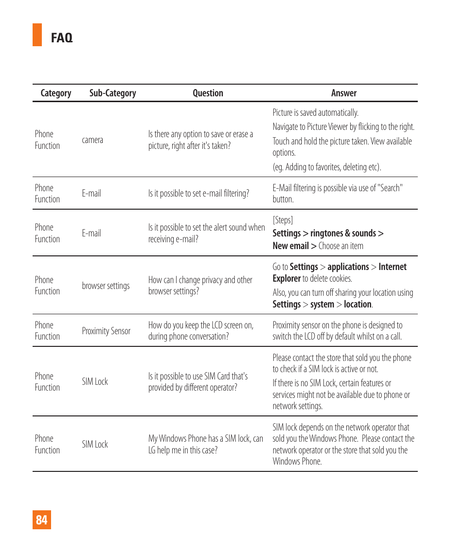 Faq 84 | LG C900 User Manual | Page 88 / 116