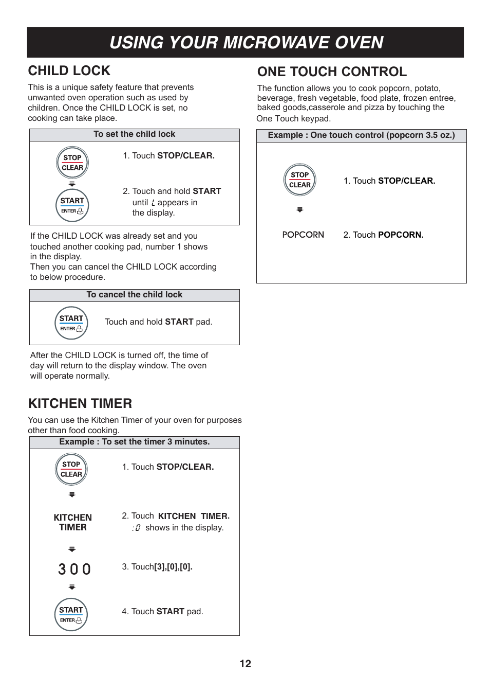 Using your microwave oven, Child lock, Kitchen timer | One touch control | LG LMA1180ST User Manual | Page 12 / 25