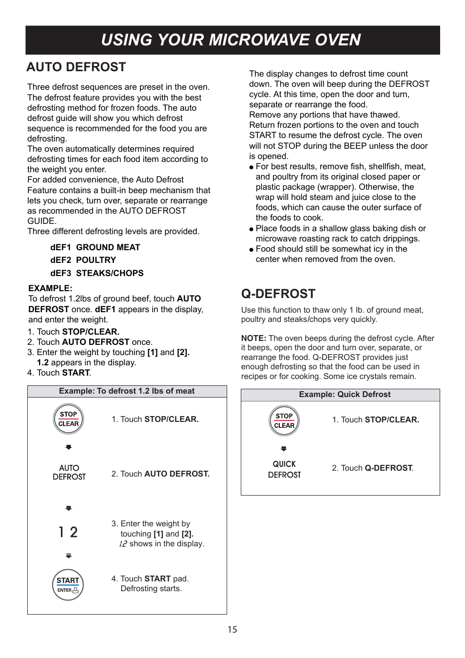 Using your microwave oven, Auto defrost, Q-defrost | LG LMA1180ST User Manual | Page 15 / 25