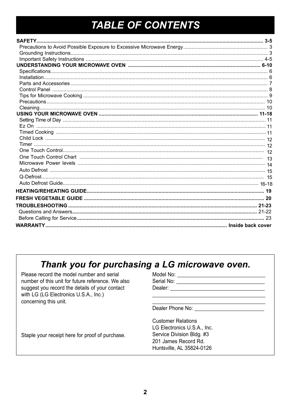 LG LMA1180ST User Manual | Page 2 / 25