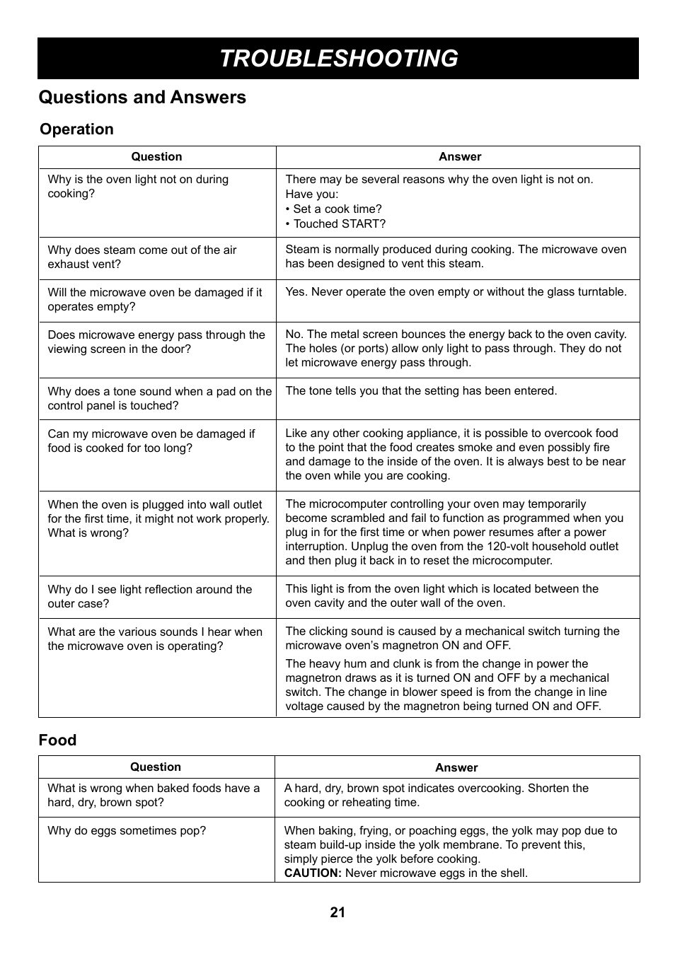 Troubleshooting, Questions and answers, Operation | Food | LG LMA1180ST User Manual | Page 21 / 25