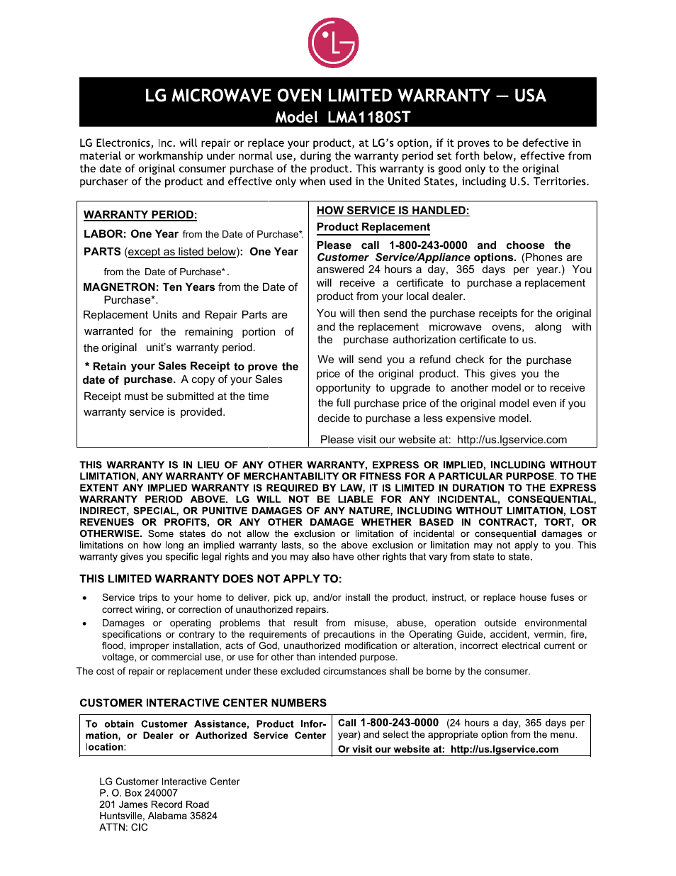 LG LMA1180ST User Manual | Page 24 / 25