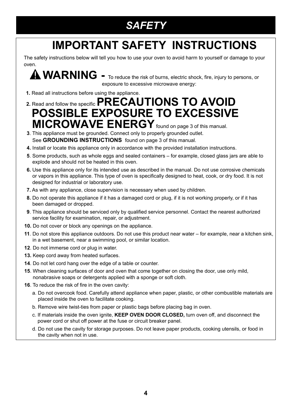 Important safety instructions, Possible exposure to excessive, Microwave energy | Warning, Precautions to avoid, Safety | LG LMA1180ST User Manual | Page 4 / 25