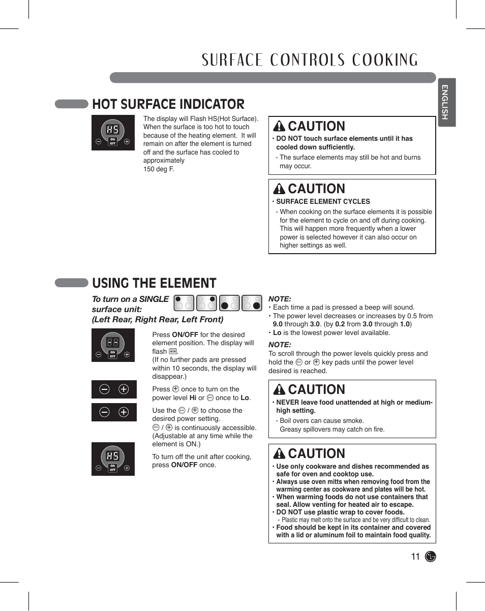 Hot surface indicator, Using the element, Caution | LG LDE3011ST User Manual | Page 11 / 47
