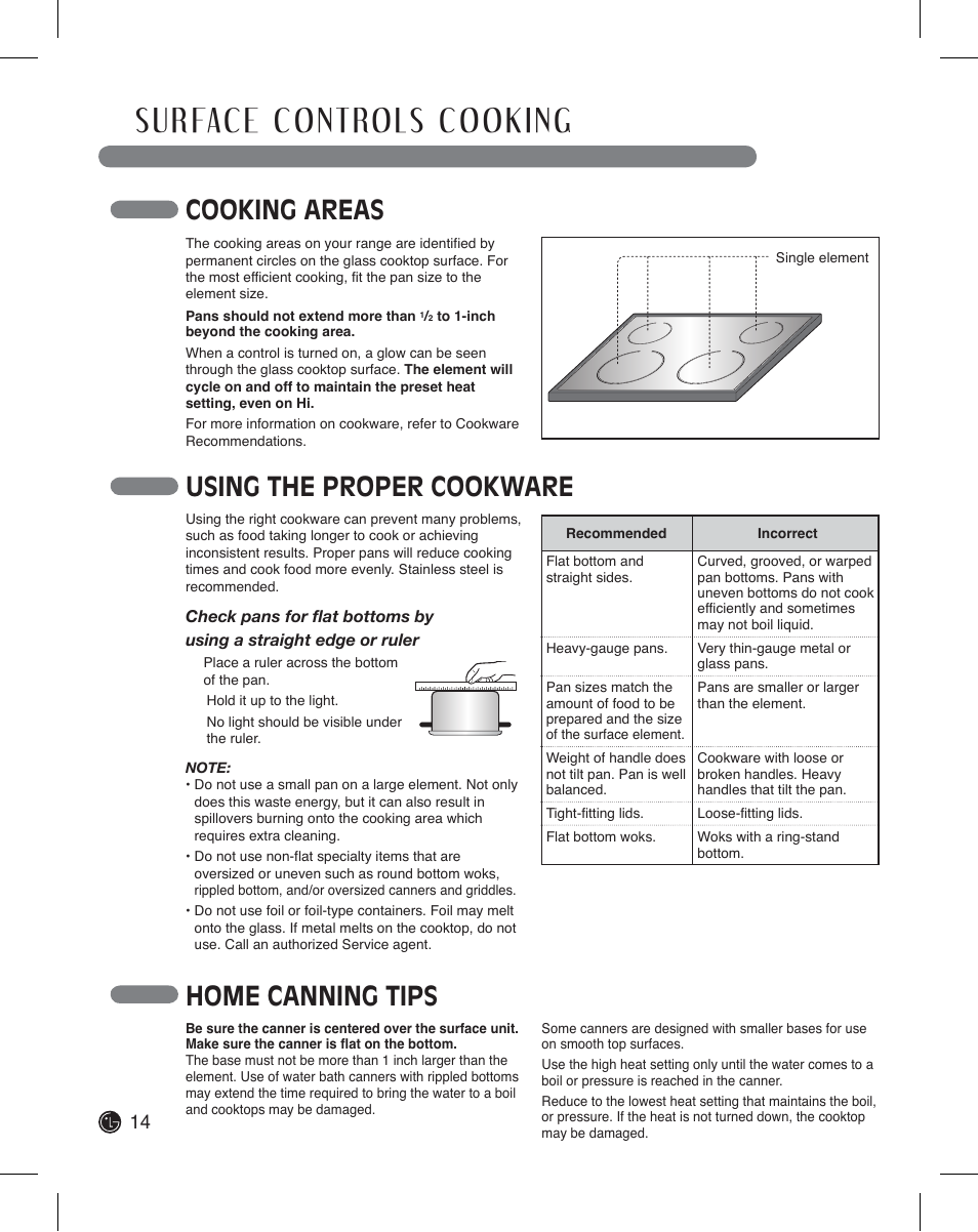 Cooking areas, Home canning tips, Using the proper cookware | LG LDE3011ST User Manual | Page 14 / 47