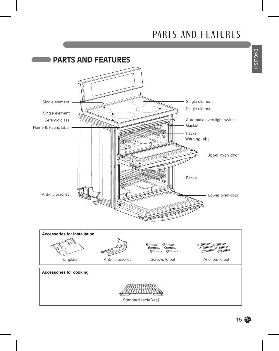 Parts and features | LG LDE3011ST User Manual | Page 15 / 47