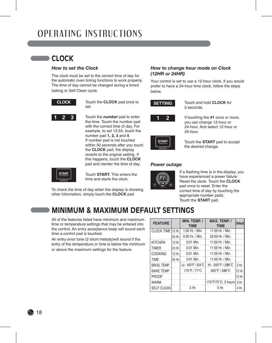 Clock, Minimum & maximum default settings | LG LDE3011ST User Manual | Page 18 / 47