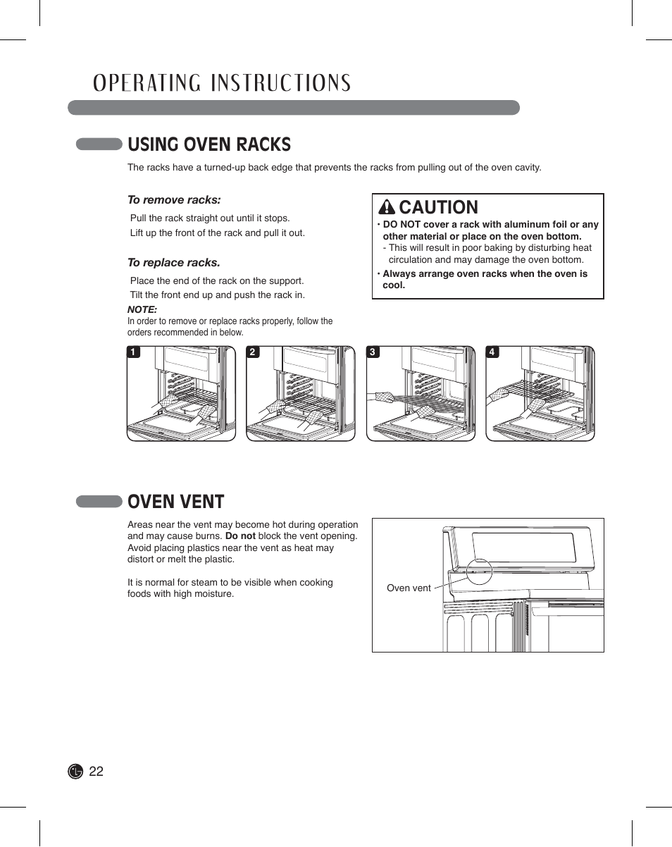 Using oven racks, Caution, Oven vent | LG LDE3011ST User Manual | Page 22 / 47