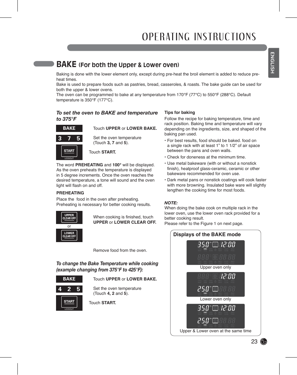 Bake, For both the upper & lower oven) | LG LDE3011ST User Manual | Page 23 / 47