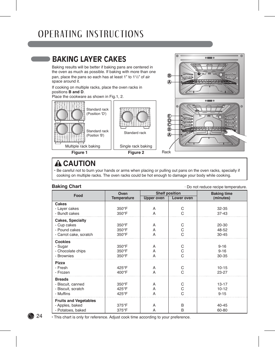 Baking layer cakes, Caution | LG LDE3011ST User Manual | Page 24 / 47