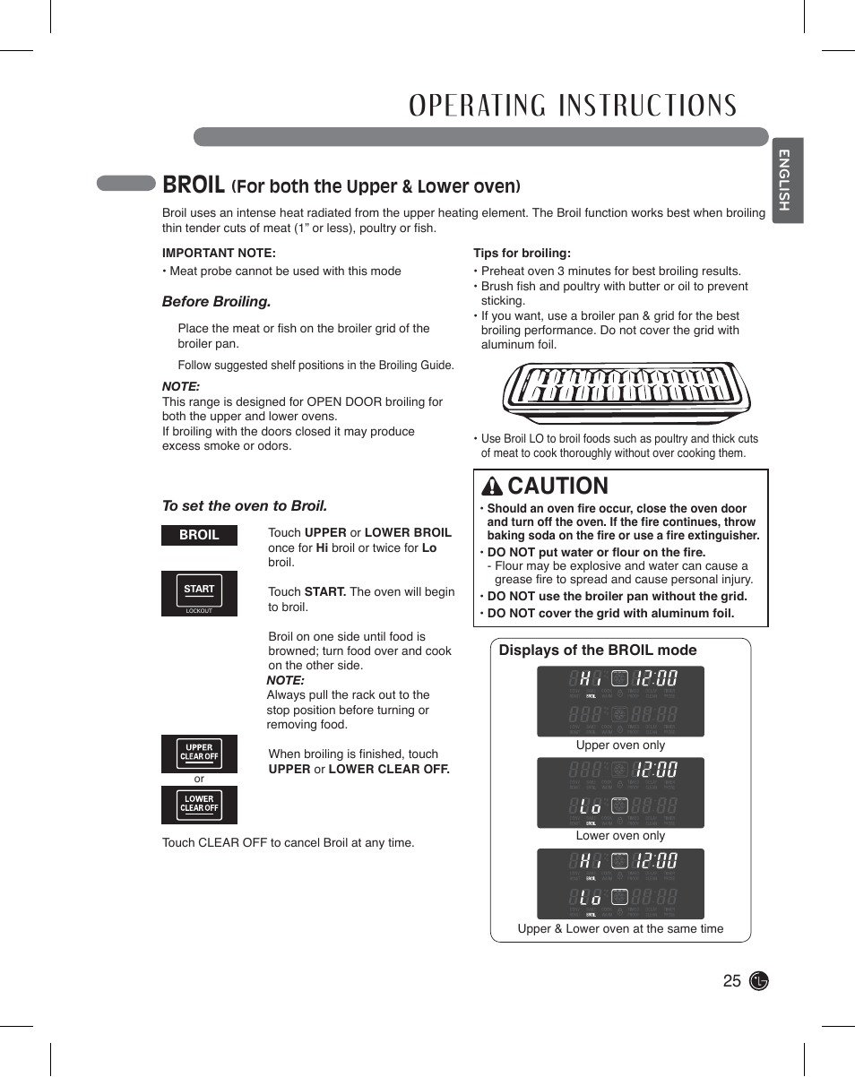 Broil, Caution, For both the upper & lower oven) | LG LDE3011ST User Manual | Page 25 / 47