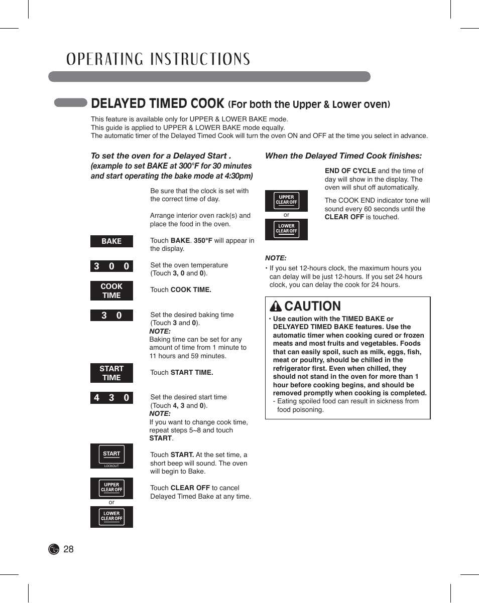 Delayed timed cook, Caution, For both the upper & lower oven) | LG LDE3011ST User Manual | Page 28 / 47
