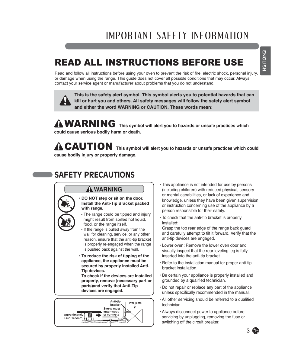 Warning, Caution, Read all instructions before use | Safety precautions | LG LDE3011ST User Manual | Page 3 / 47