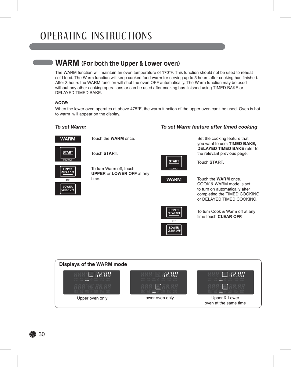 Warm, For both the upper & lower oven) | LG LDE3011ST User Manual | Page 30 / 47