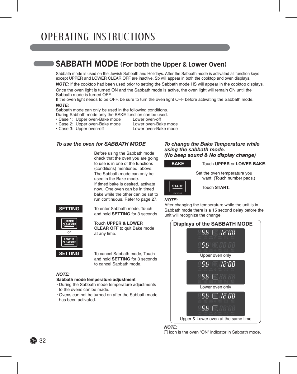 Sabbath mode, For both the upper & lower oven) | LG LDE3011ST User Manual | Page 32 / 47