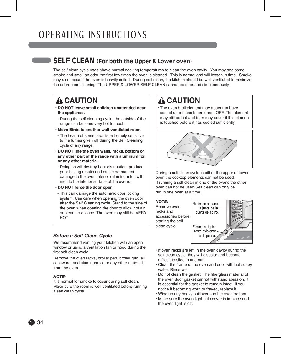 Self clean, Caution, For both the upper & lower oven) | LG LDE3011ST User Manual | Page 34 / 47