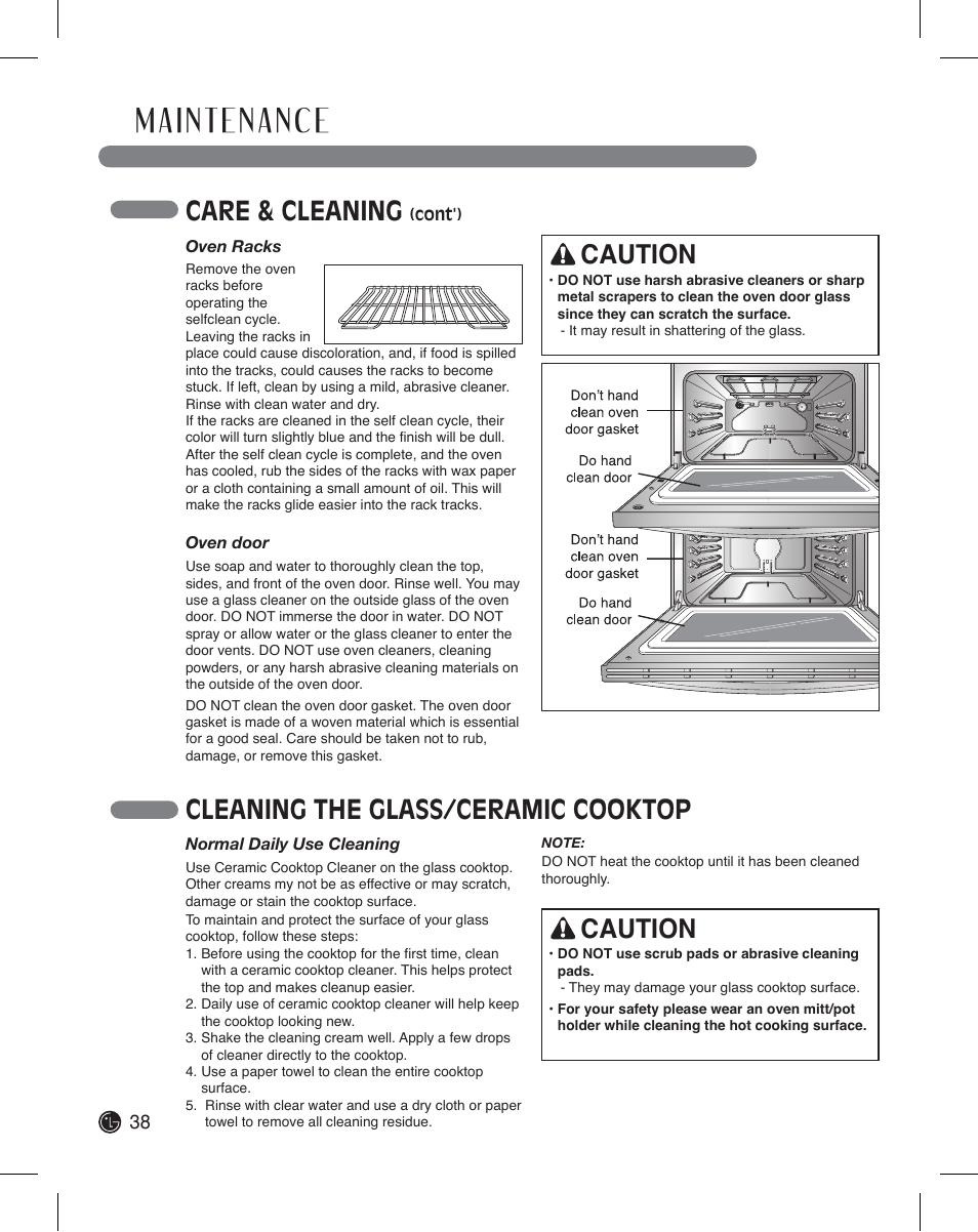 Care & cleaning, Caution, Cleaning the glass/ceramic cooktop | LG LDE3011ST User Manual | Page 38 / 47