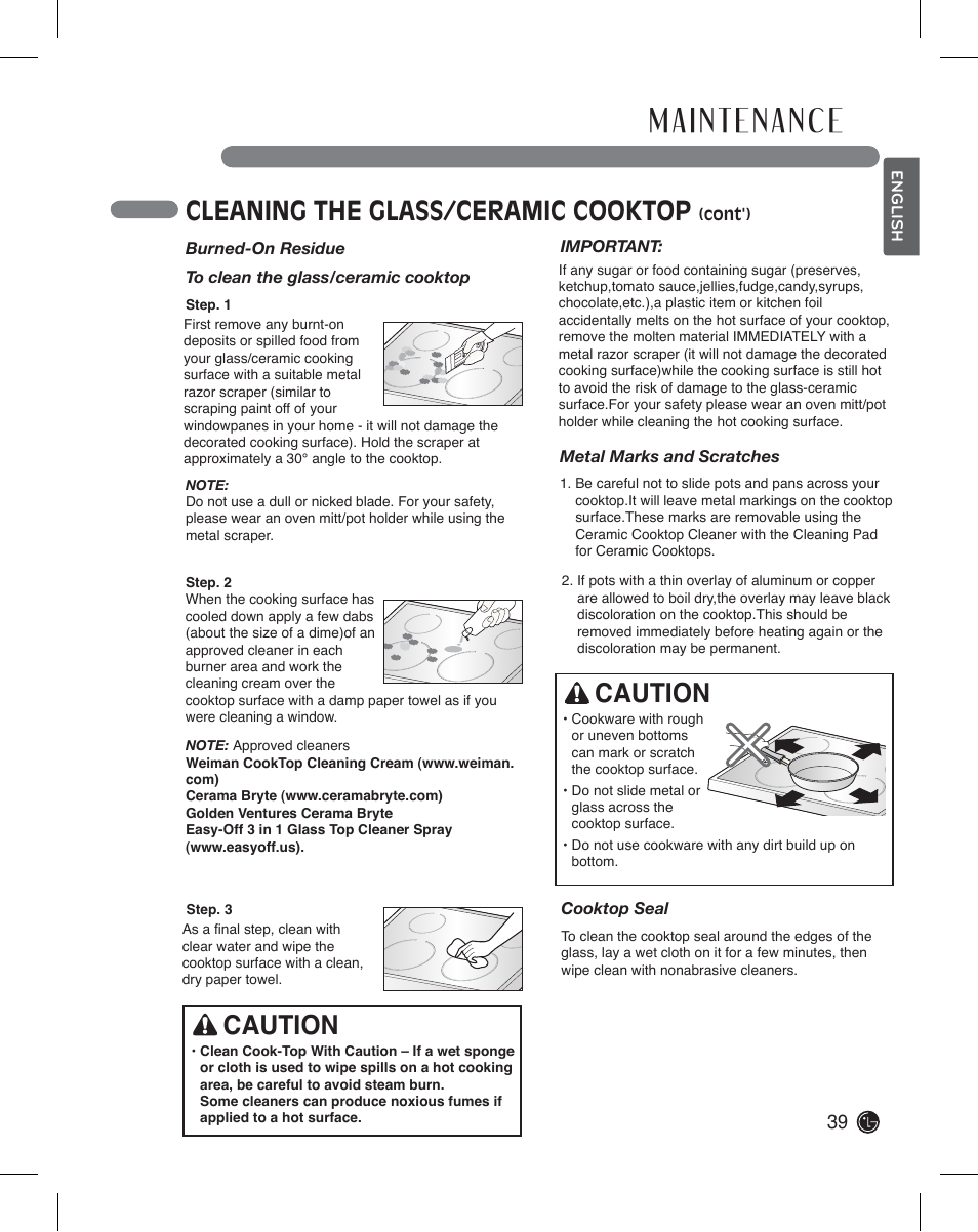 Cleaning the glass/ceramic cooktop, Caution | LG LDE3011ST User Manual | Page 39 / 47
