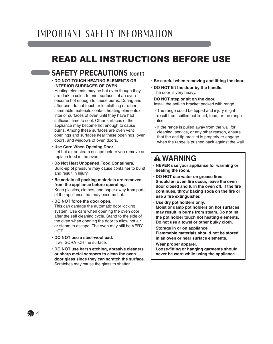 Read all instructions before use, Safety precautions, Warning | LG LDE3011ST User Manual | Page 4 / 47