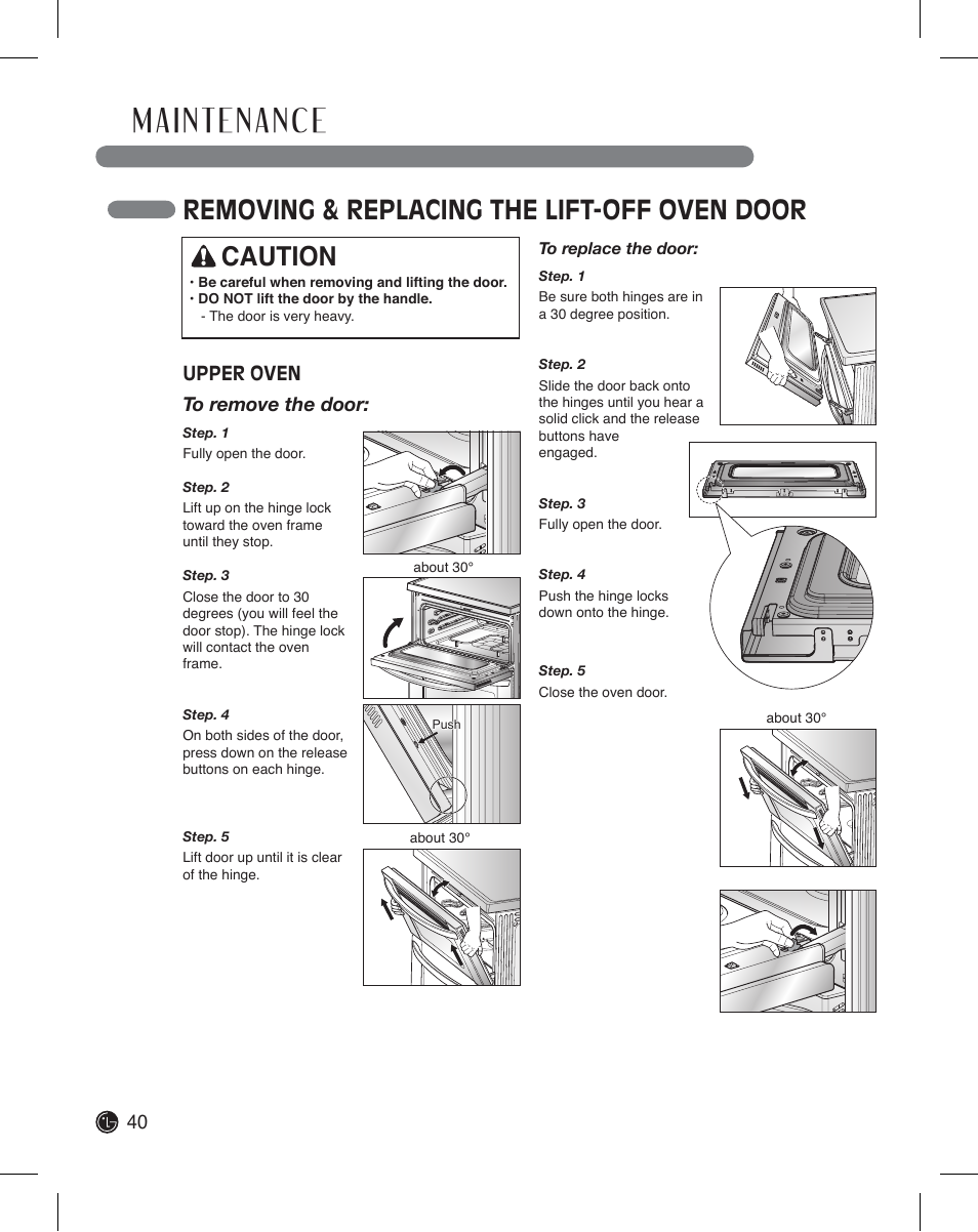 Removing & replacing the lift-off oven door, Caution, Upper oven to remove the door | LG LDE3011ST User Manual | Page 40 / 47