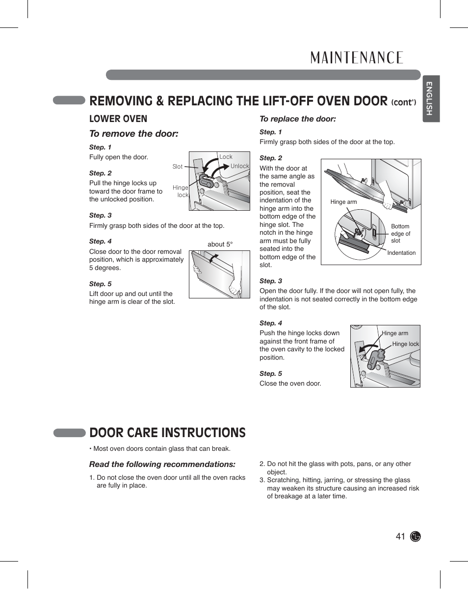 Removing & replacing the lift-off oven door, Door care instructions, Lower oven to remove the door | LG LDE3011ST User Manual | Page 41 / 47