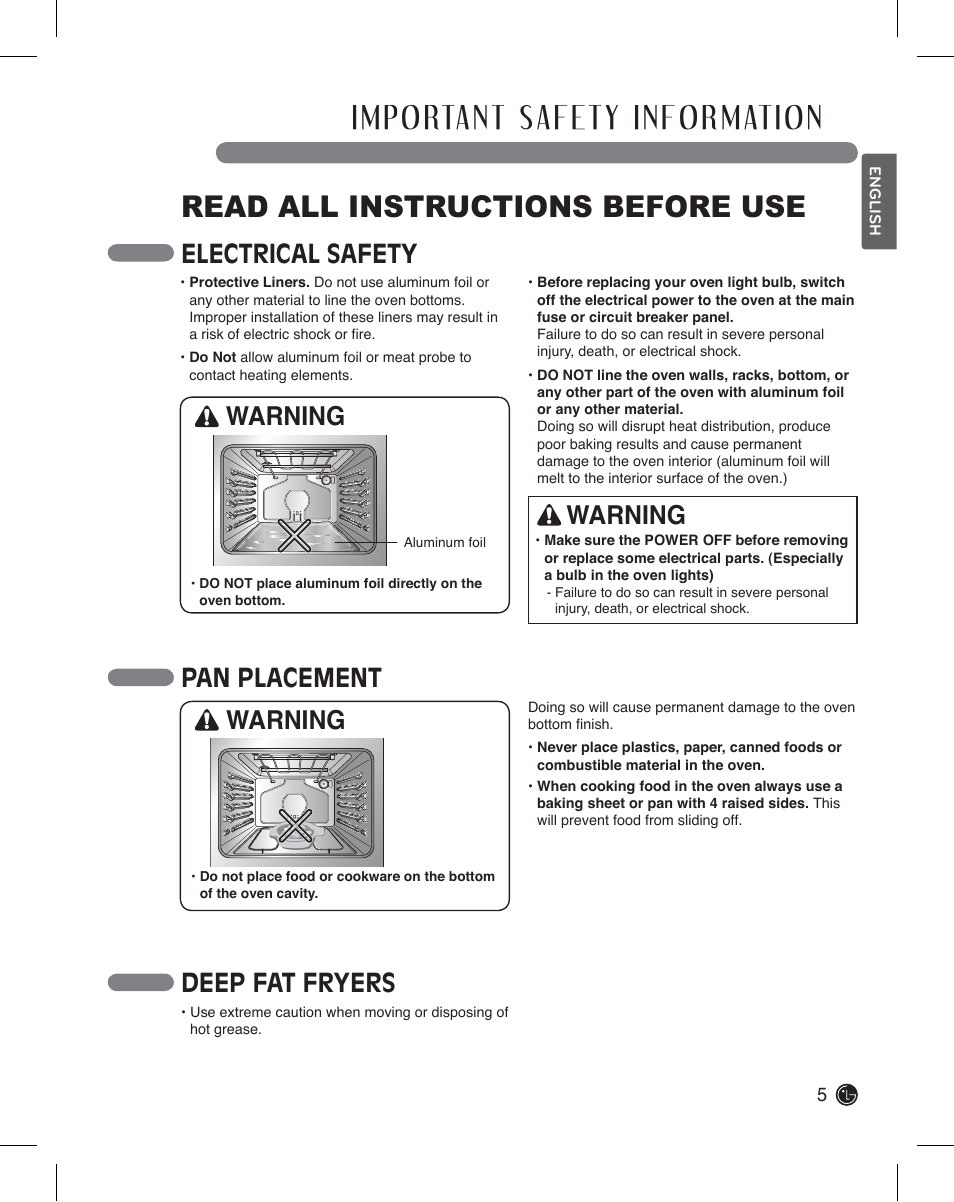 Read all instructions before use, Electrical safety, Pan placement | Warning, Deep fat fryers | LG LDE3011ST User Manual | Page 5 / 47