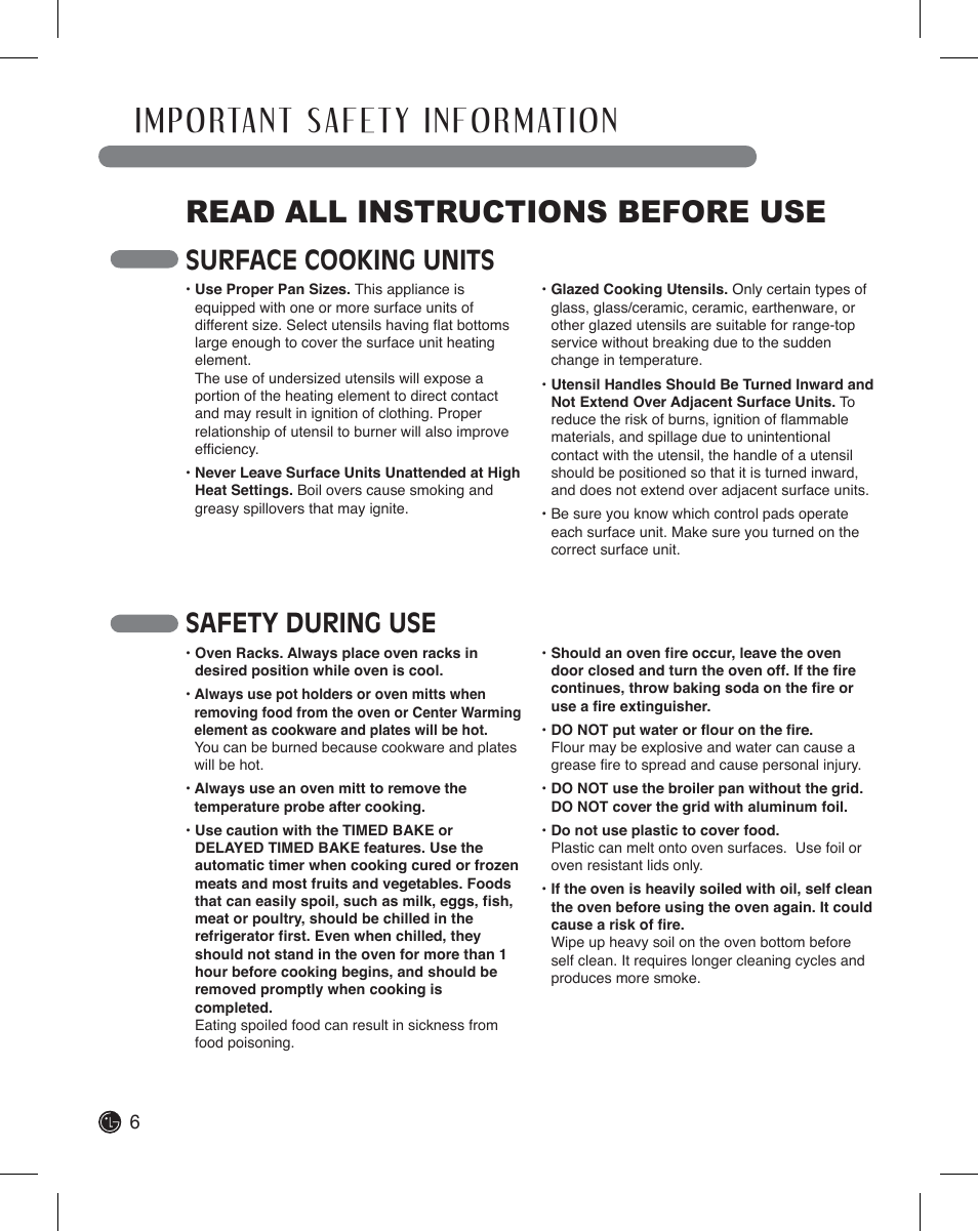 Read all instructions before use, Surface cooking units, Safety during use | LG LDE3011ST User Manual | Page 6 / 47