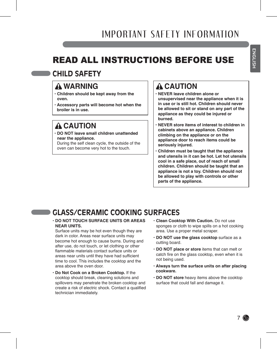 Read all instructions before use, Child safety glass/ceramic cooking surfaces, Warning | Caution | LG LDE3011ST User Manual | Page 7 / 47