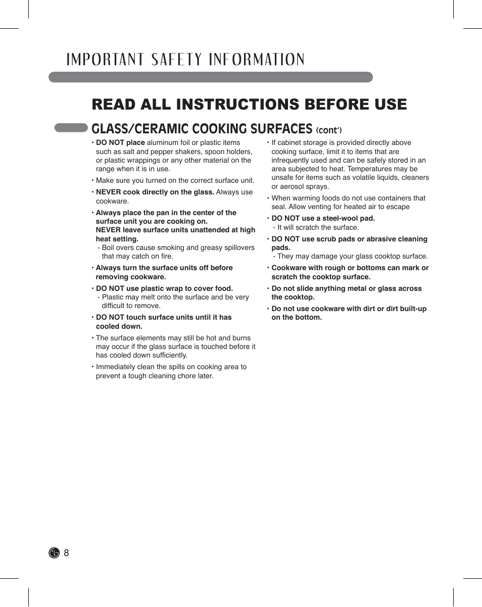 Read all instructions before use, Glass/ceramic cooking surfaces | LG LDE3011ST User Manual | Page 8 / 47