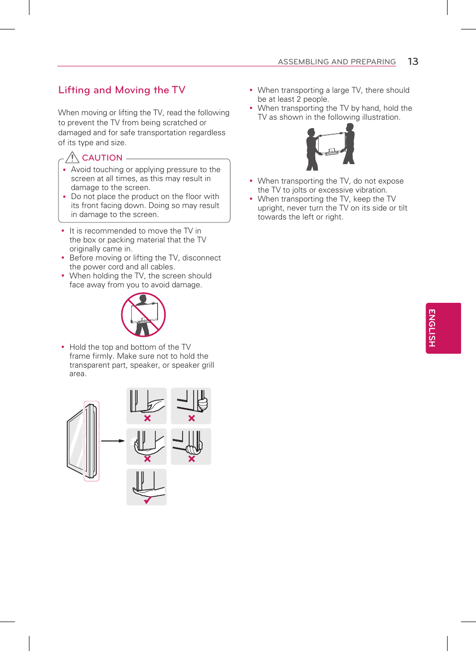 Lifting and moving the tv | LG 84LM9600 User Manual | Page 13 / 52