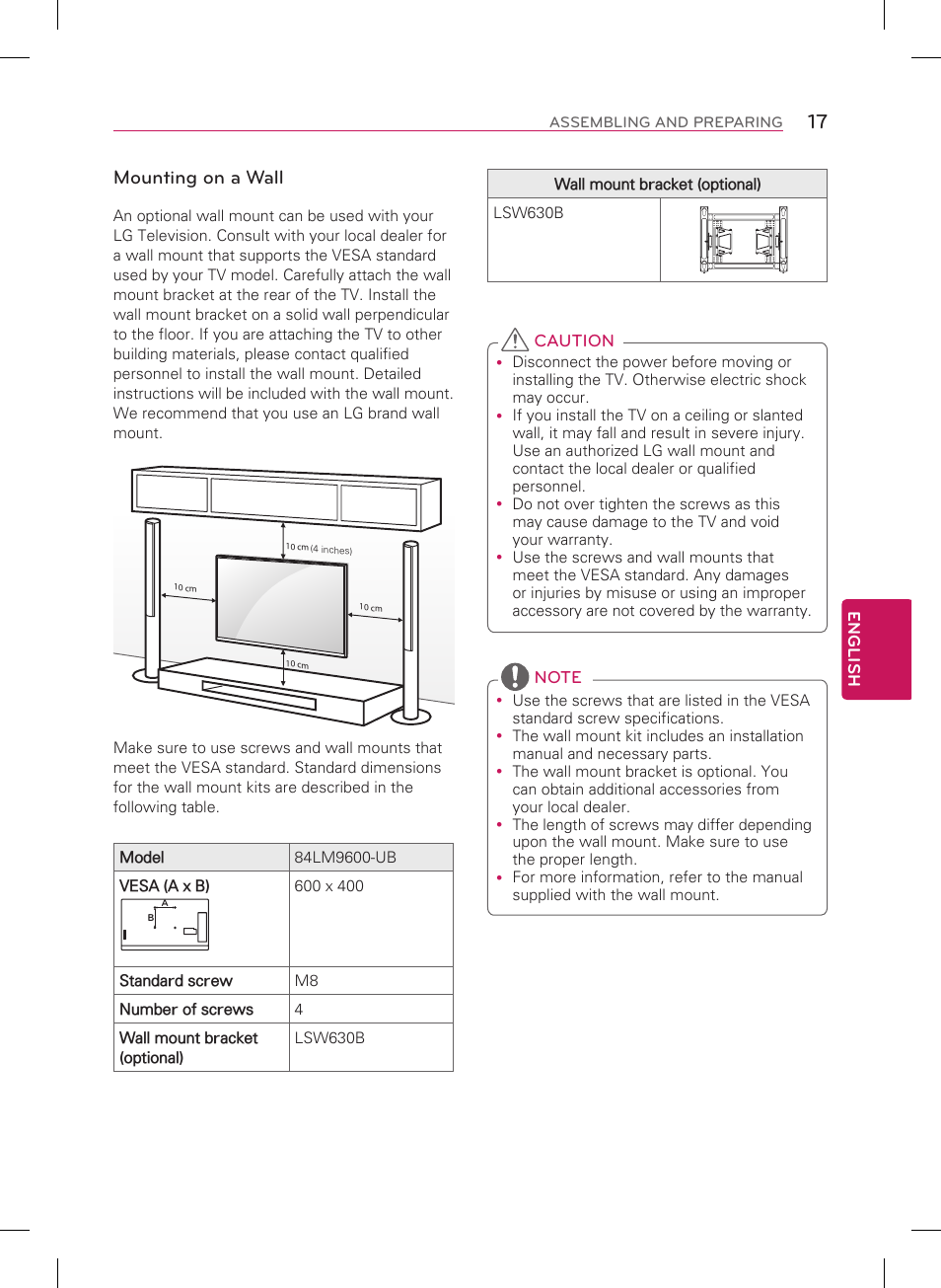 Mounting on a wall | LG 84LM9600 User Manual | Page 17 / 52