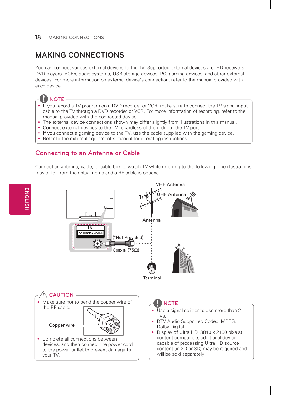 Making connections, Connecting to an antenna or cable | LG 84LM9600 User Manual | Page 18 / 52