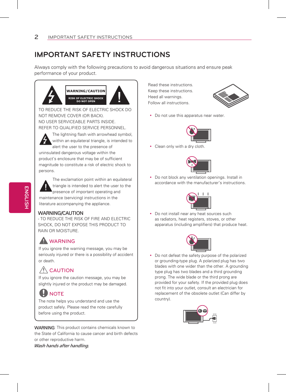 English, Warning, Caution | Important safety instructions, Warning/caution | LG 84LM9600 User Manual | Page 2 / 52