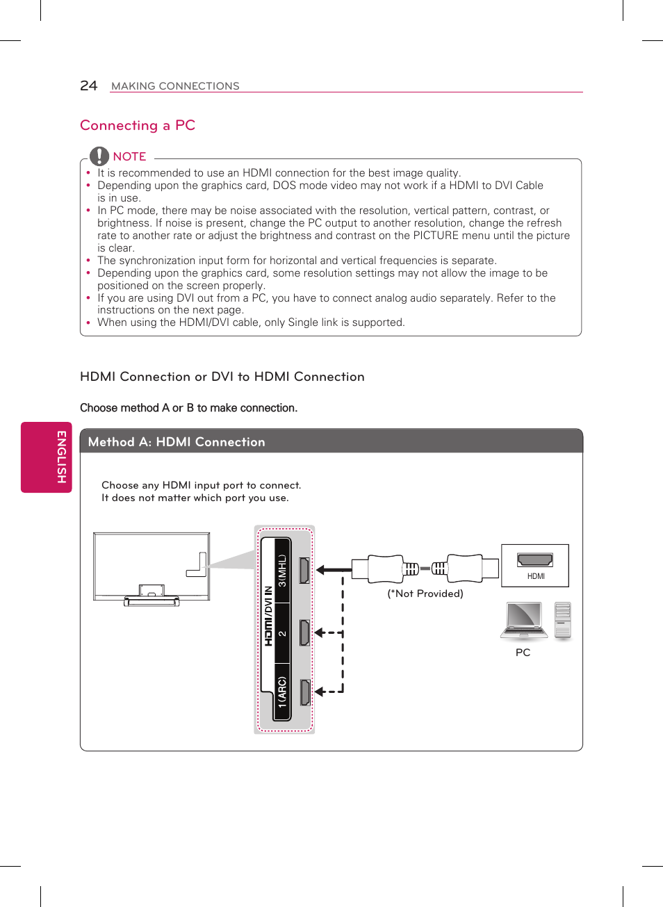 Connecting a pc, Hdmi connection or dvi to hdmi connection, Method a: hdmi connection | LG 84LM9600 User Manual | Page 24 / 52