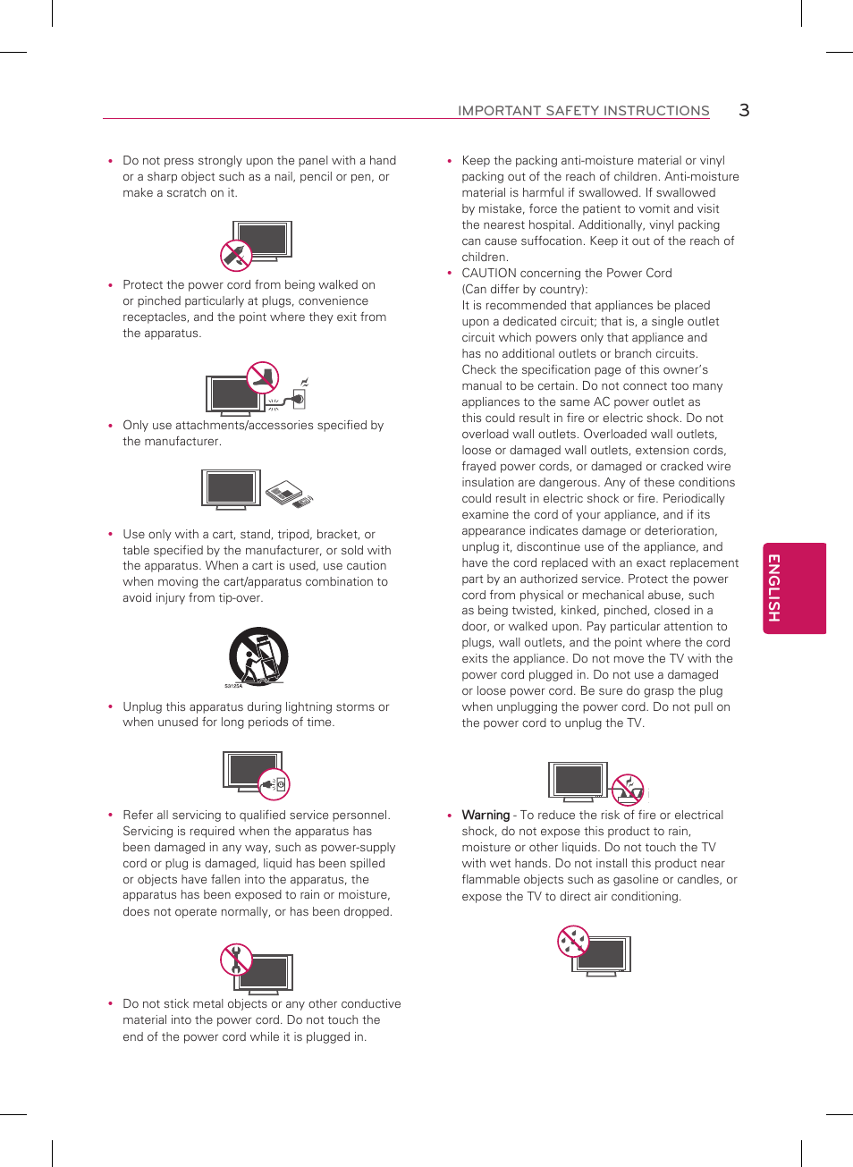 English, Important safety instructions | LG 84LM9600 User Manual | Page 3 / 52