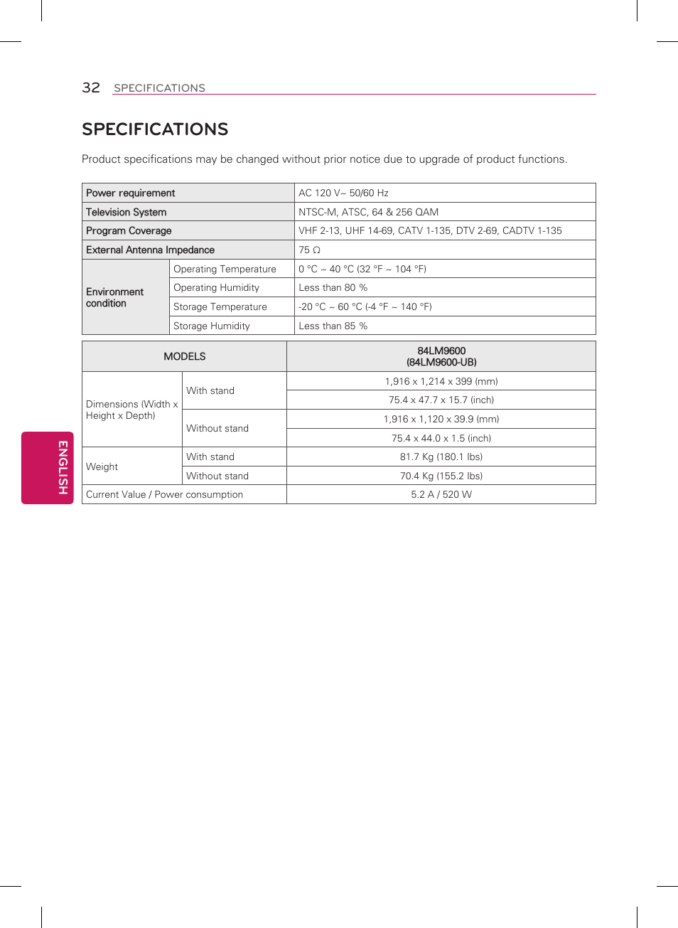 Specifications | LG 84LM9600 User Manual | Page 32 / 52