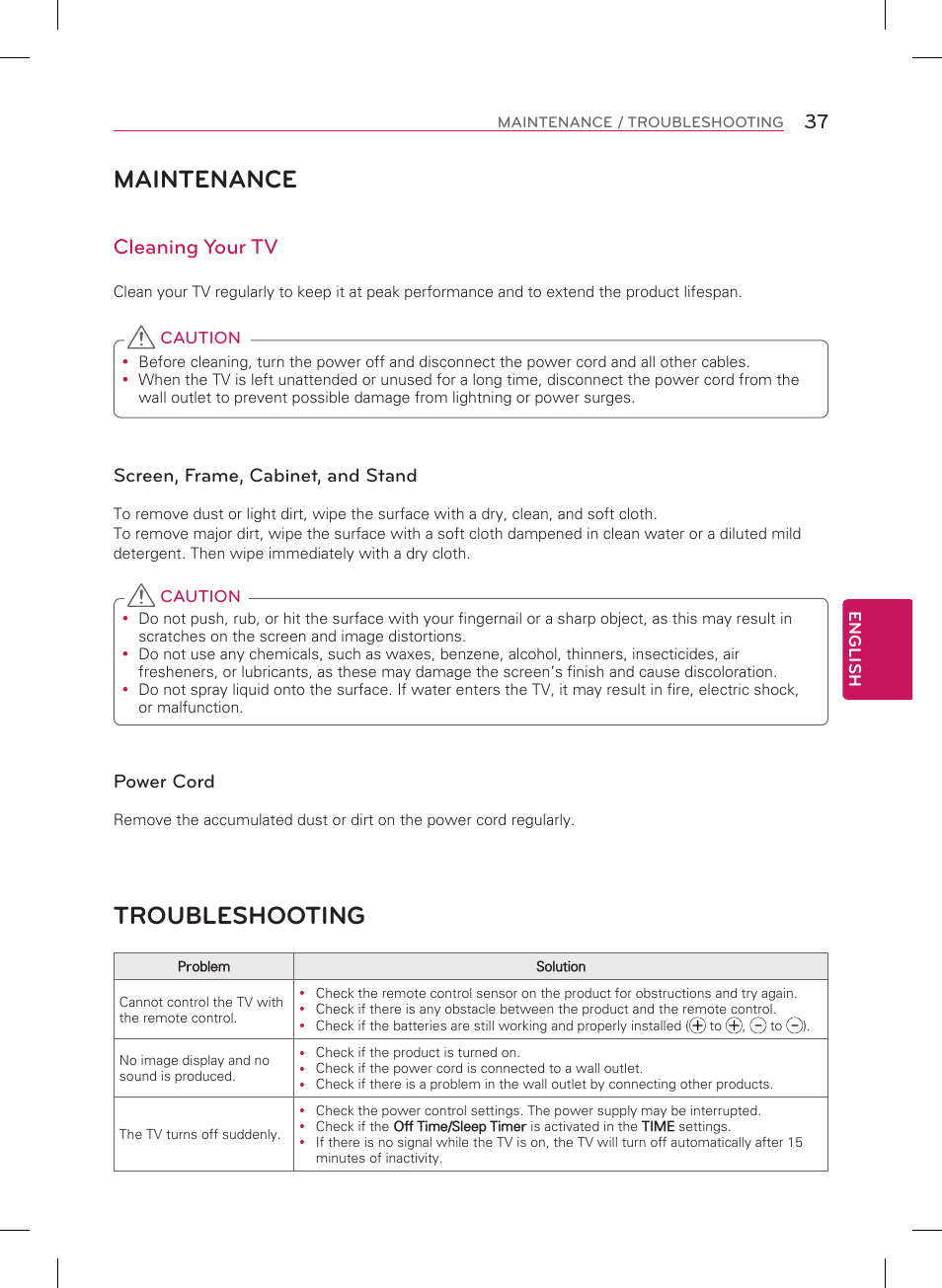 Maintenance, Troubleshooting, Cleaning your tv | Screen, frame, cabinet, and stand, Power cord | LG 84LM9600 User Manual | Page 37 / 52