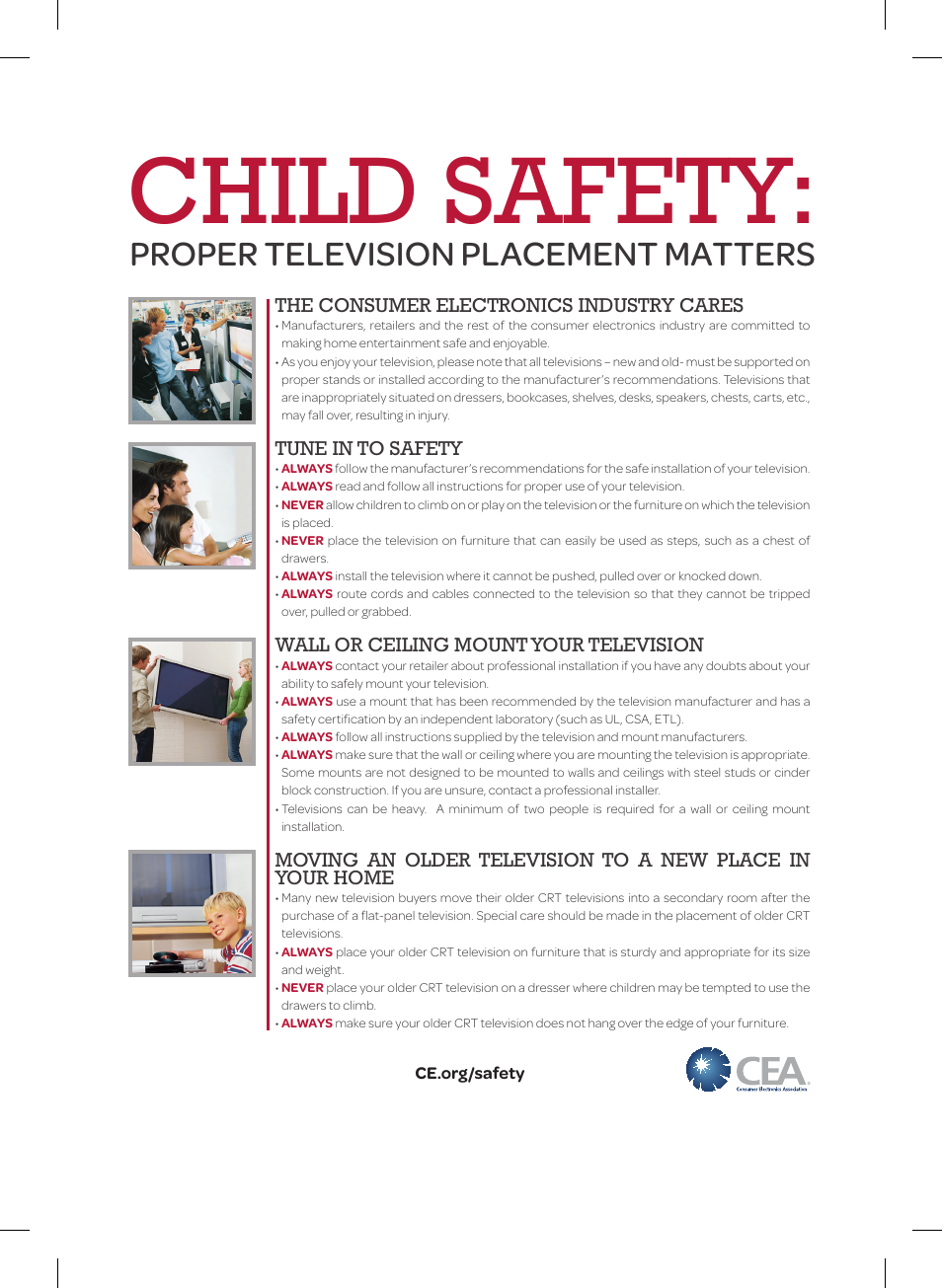 Child safety, Proper television placement matters, The consumer electronics industry cares | Tune in to safety, Wall or ceiling mount your television | LG 84LM9600 User Manual | Page 39 / 52